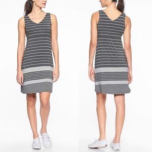 Athleta Gray and White Striped Sleeveless V-Neck Dress